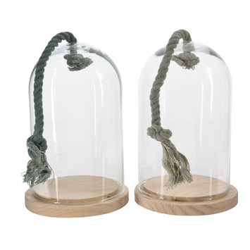 Stolp glas/hout met touw Ø14x23 cm