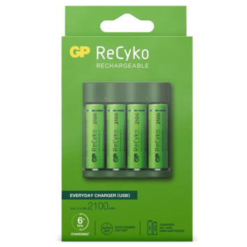 GP Batterijlader 411 + 4x oplaadbare batterijen AA 2100mAh ReCyko + Micro USB-lader