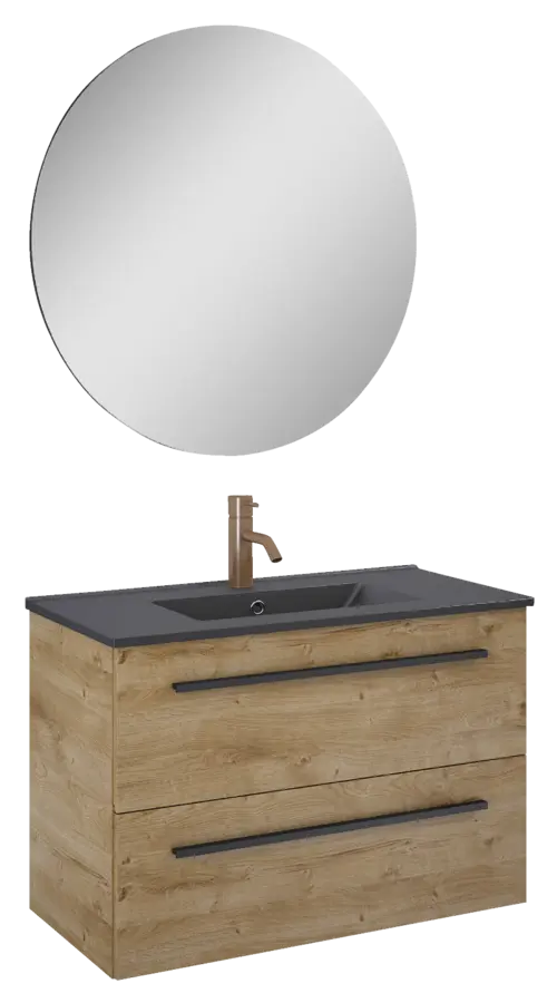 Atlantic Badkamermeubelset Stella met Spiegel en Zwarte Wastafel - Canela Eiken 80 cm