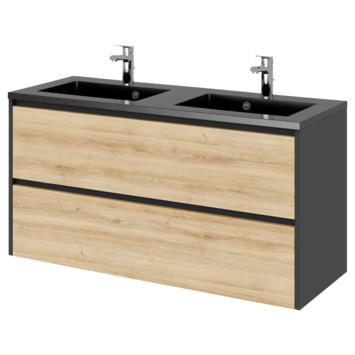 Tiger Reverse Meubelset 120 cm met 2 lades Chalet eik / Mat zwart inclusief Quadro wastafel dubbel Mat zwart