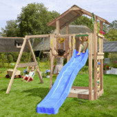 Speeltoestel Jungle Gym Chalet douglas met glijbaan blauw en 1-schommel module