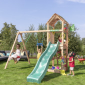 Speeltoestel Jungle Gym Cocoon douglas met glijbaan donker groen en 2-schommel module