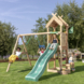 Speeltoestel Jungle Gym Totem douglas met glijbaan donker groen en 2-schommel module