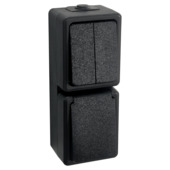 Handson opbouw combinatie stopcontact/serie schakelaar spatwaterdicht zwart