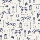 Vliesbehang Joules Equestrian paarden print Crème/Blauw (dessin 128902)