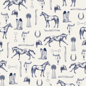 Vliesbehang Joules Equestrian paarden print Crème/Blauw (dessin 128902)