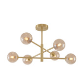 Qazqa 6-lichts plafondlamp Ryan G9 LED lichtbron messing me amber glas